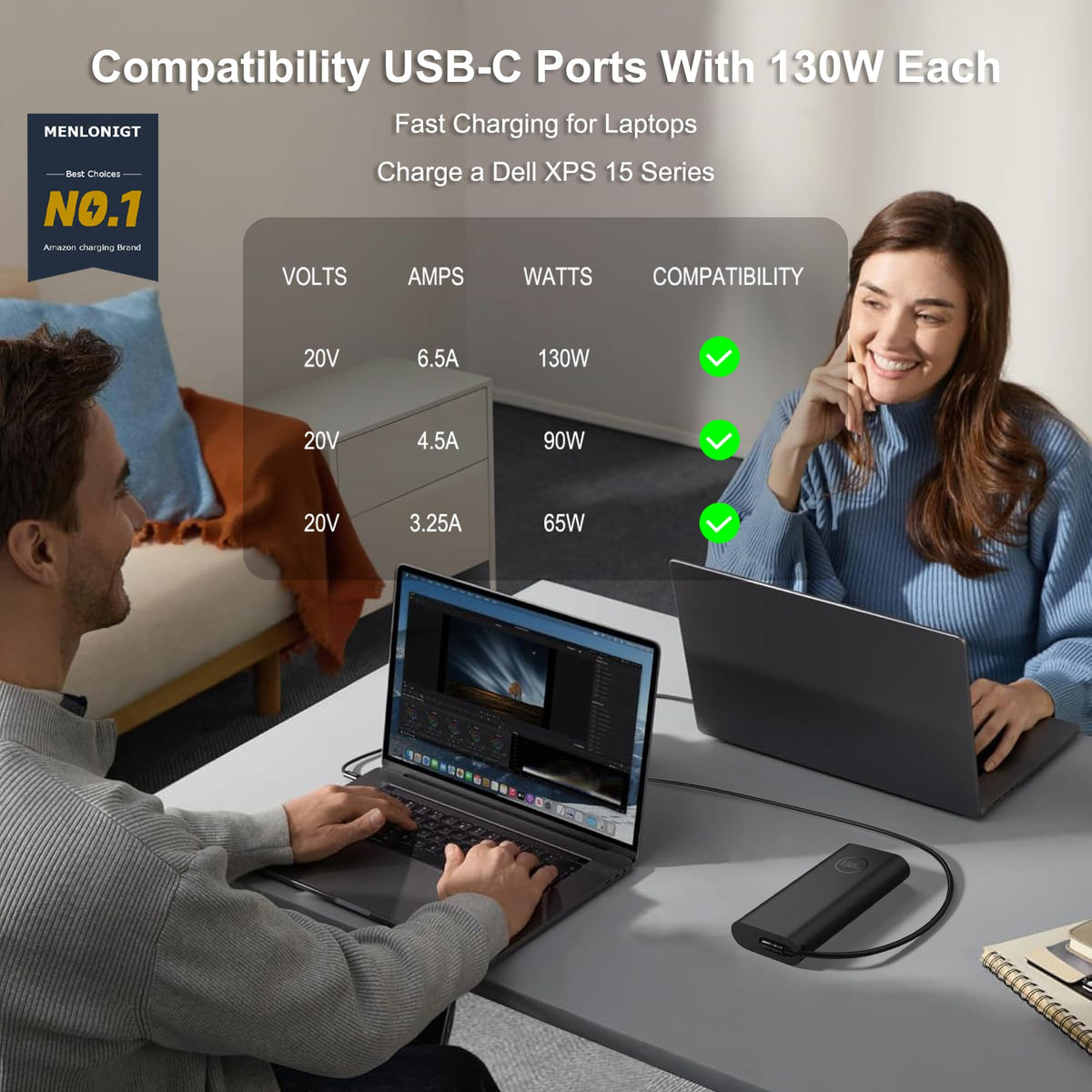 Menlonigt slim-design Dell charger fits easily in a laptop bag for travel.