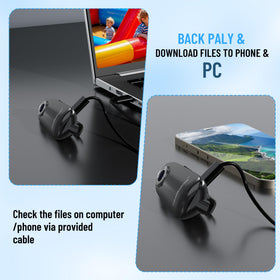 Meoilkolnm camera with bracket supports desktop, bicycle, or helmet mounting.