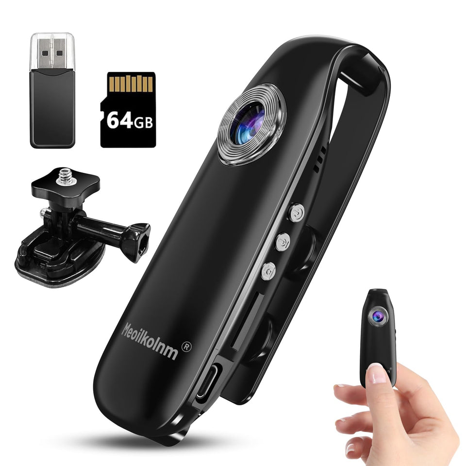 Meoilkolnm mini body camera with magnetic pocket clip for hands-free mounting during outdoor activities.