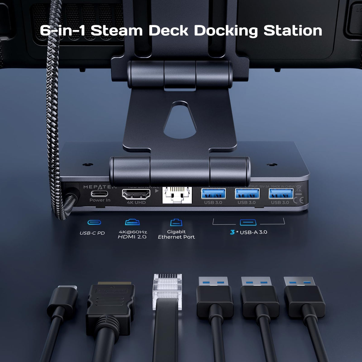 MEPATEM dock holding Steam Deck at angle demonstrating secure support and visibility