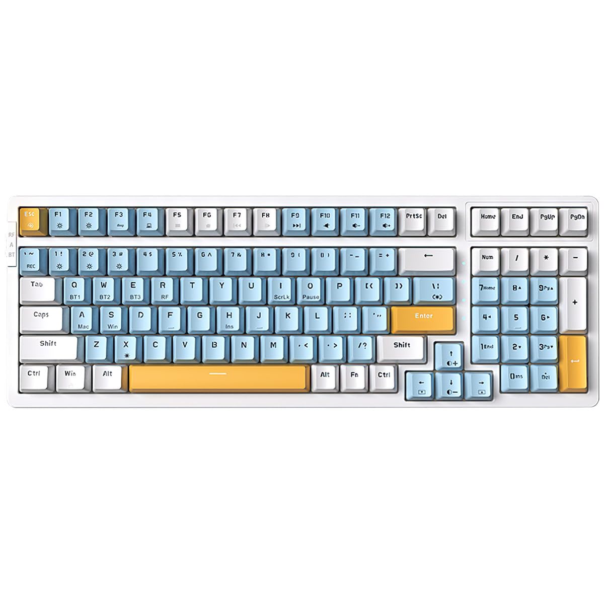 Merdia keyboard front angle with ice-blue backlight showing compact layout and visual clarity