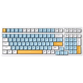 Merdia keyboard front angle with ice-blue backlight showing compact layout and visual clarity