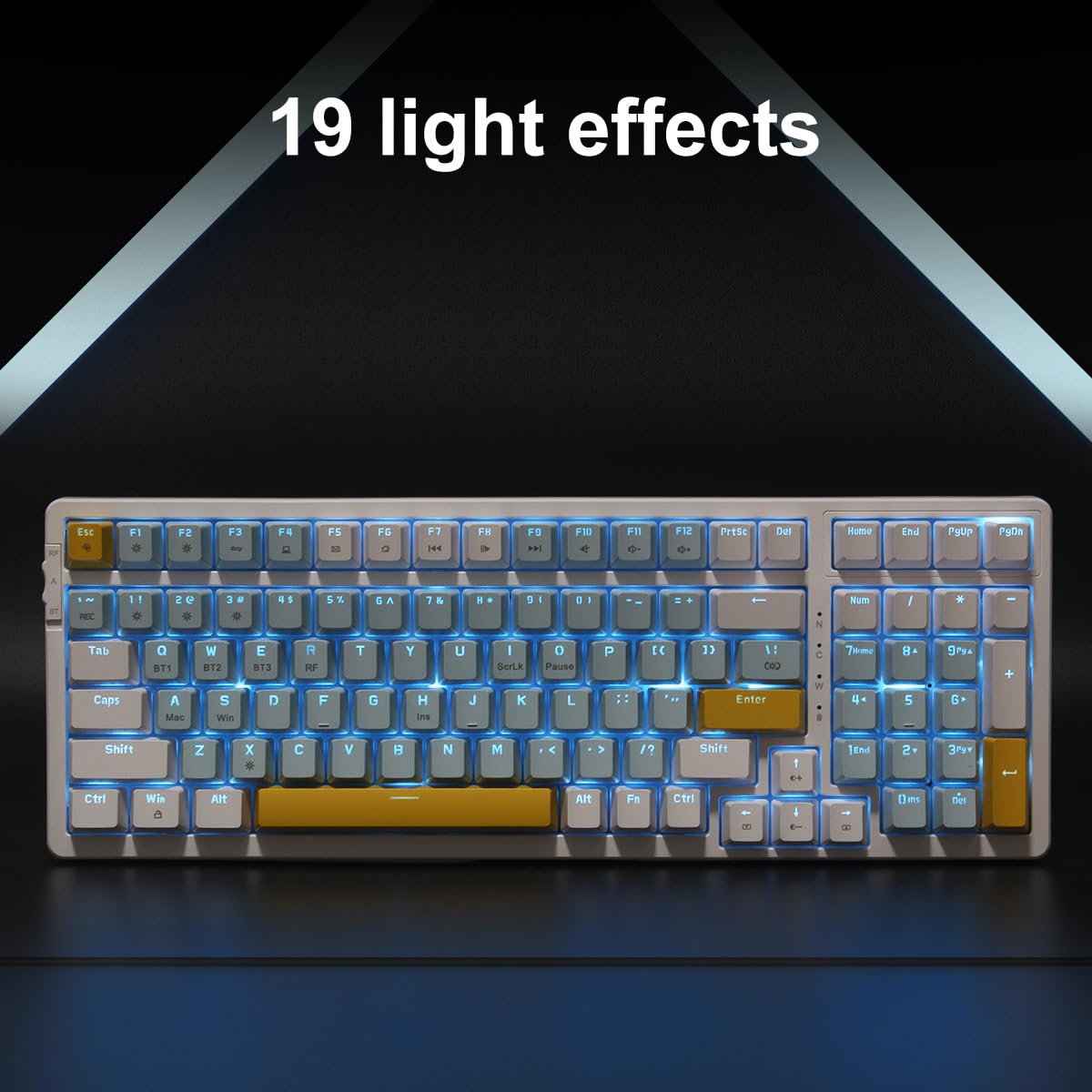 Merdia keyboard next to a hand to show compact 100-key scale for space-saving setup