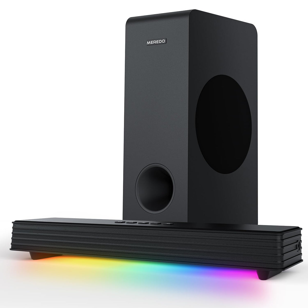 MEREDO G38 soundbar with RGB ambient lighting under TV for immersive movie nights