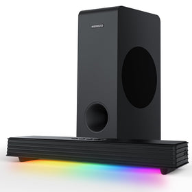 MEREDO G38 soundbar with RGB ambient lighting under TV for immersive movie nights