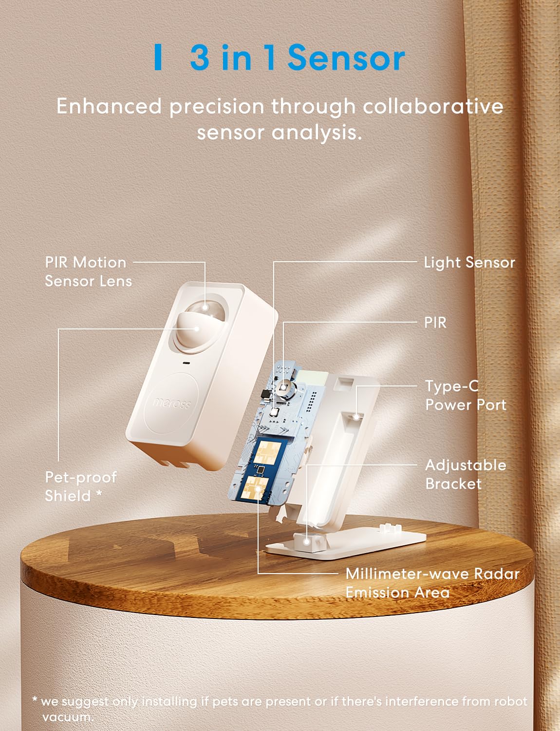 meross sensor next to hand showing compact size for discreet wall placement