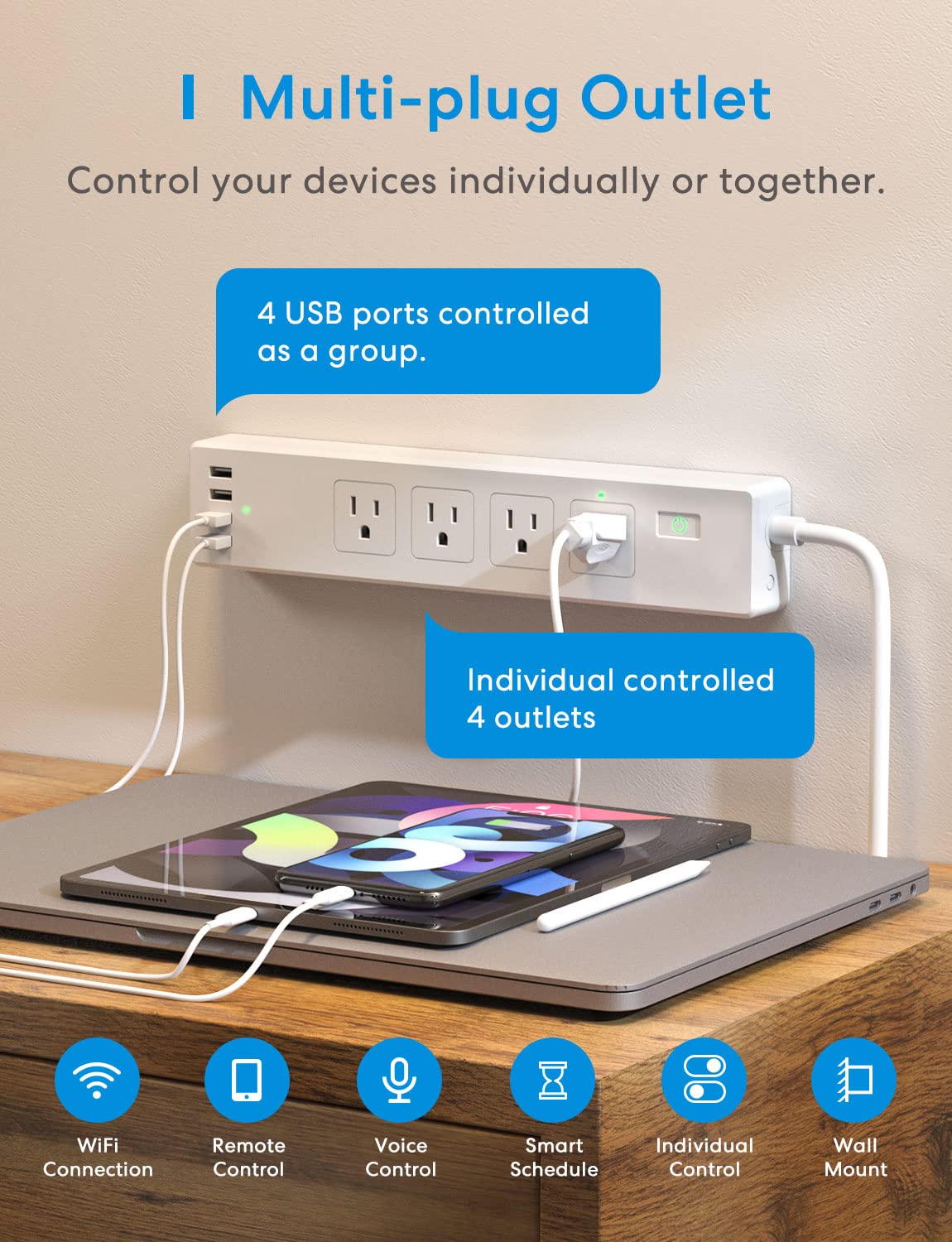 meross USB port detail demonstrating four-port charging and fast power delivery