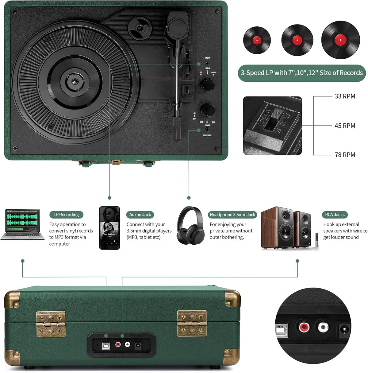 Mersoco built-in speakers provide immediate vinyl sound without external equipment.