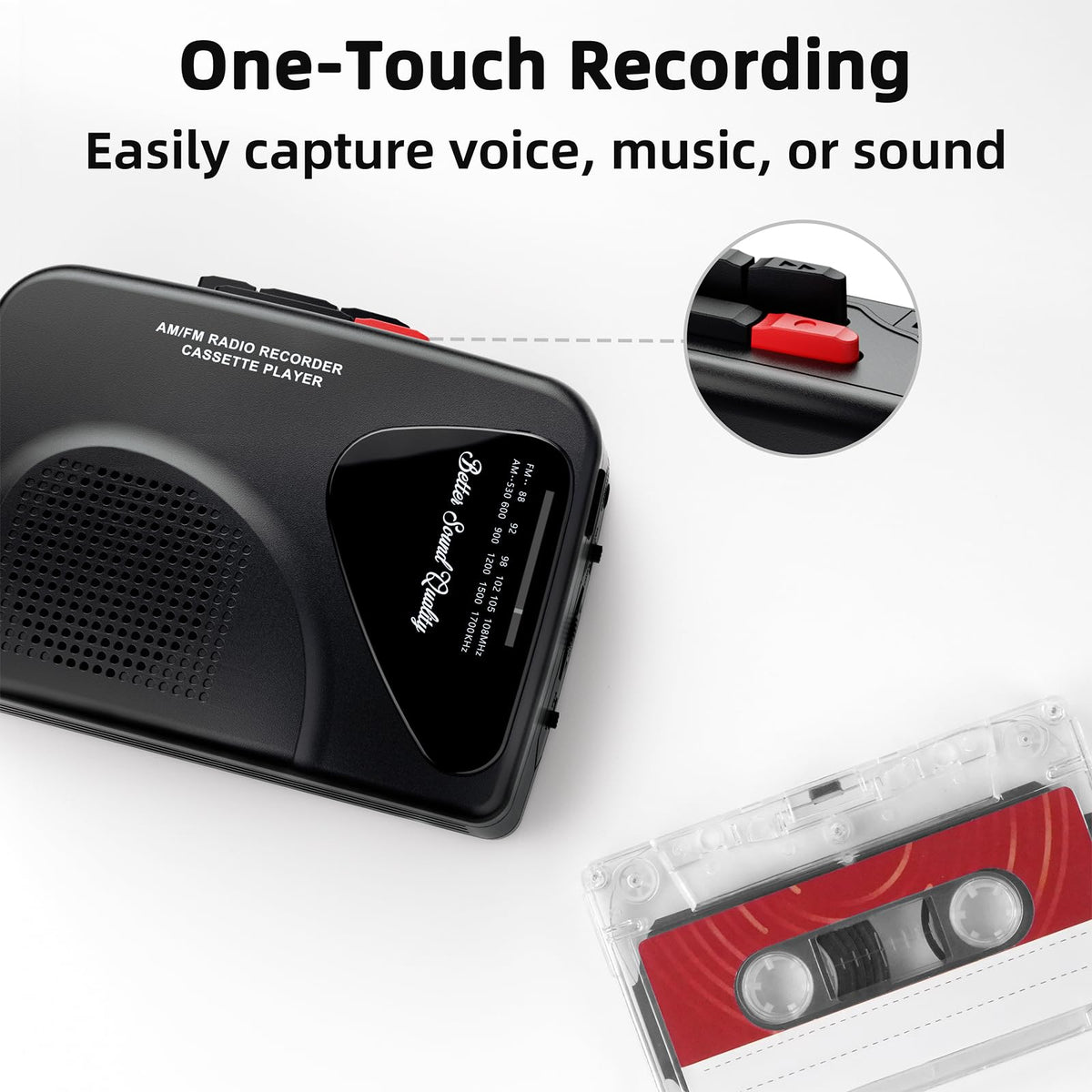 Mersoco cassette player tape-insert showing easy playback from treasured tapes.