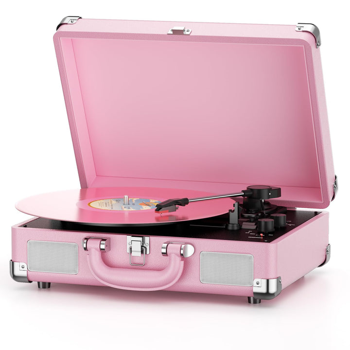 Mersoco front open pink suitcase turntable showing platter and tonearm, portable convenience