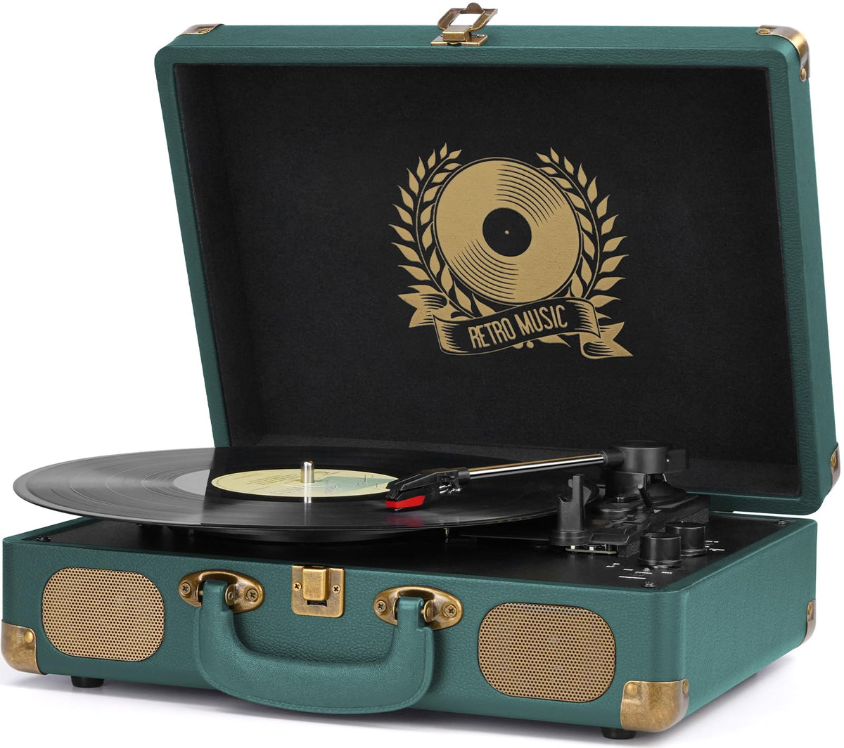 Mersoco front view of hunter green suitcase turntable showing vintage design and portability