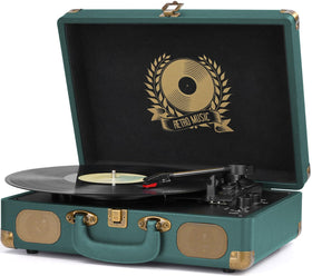 Mersoco front view of hunter green suitcase turntable showing vintage design and portability