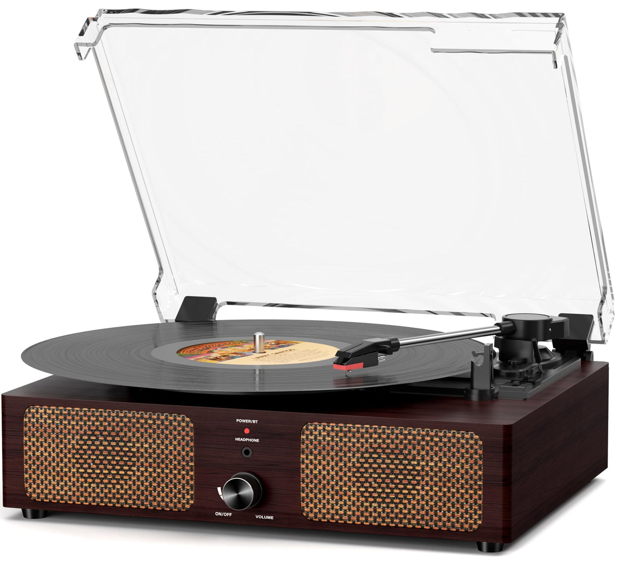 Mersoco front view turntable showing speakers and controls, enhances listening experience