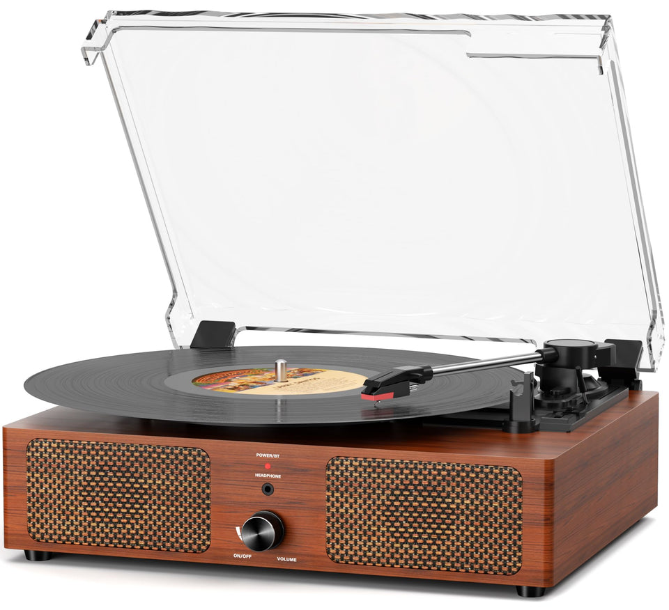Mersoco front view walnut turntable showing vintage design and easy setup
