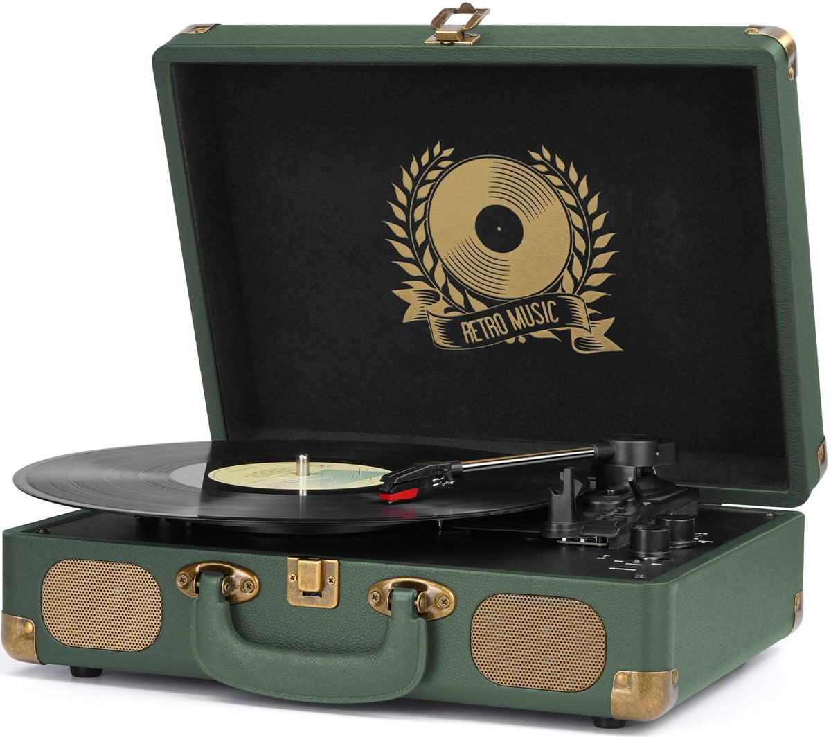 Mersoco front view showing military green suitcase turntable and built-in speakers for portable listening