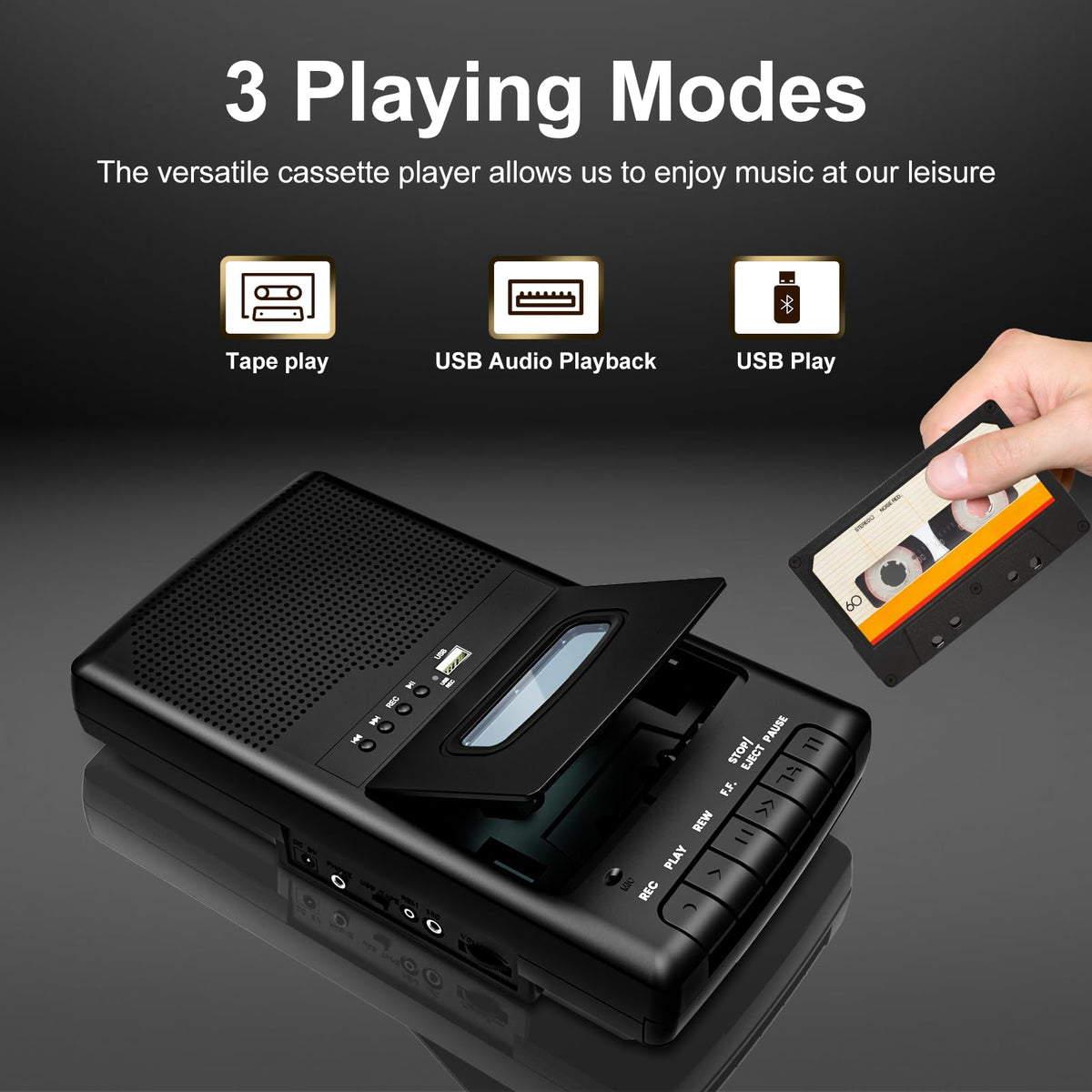 Mersoco portable cassette player side view with retractable handle for easy transport