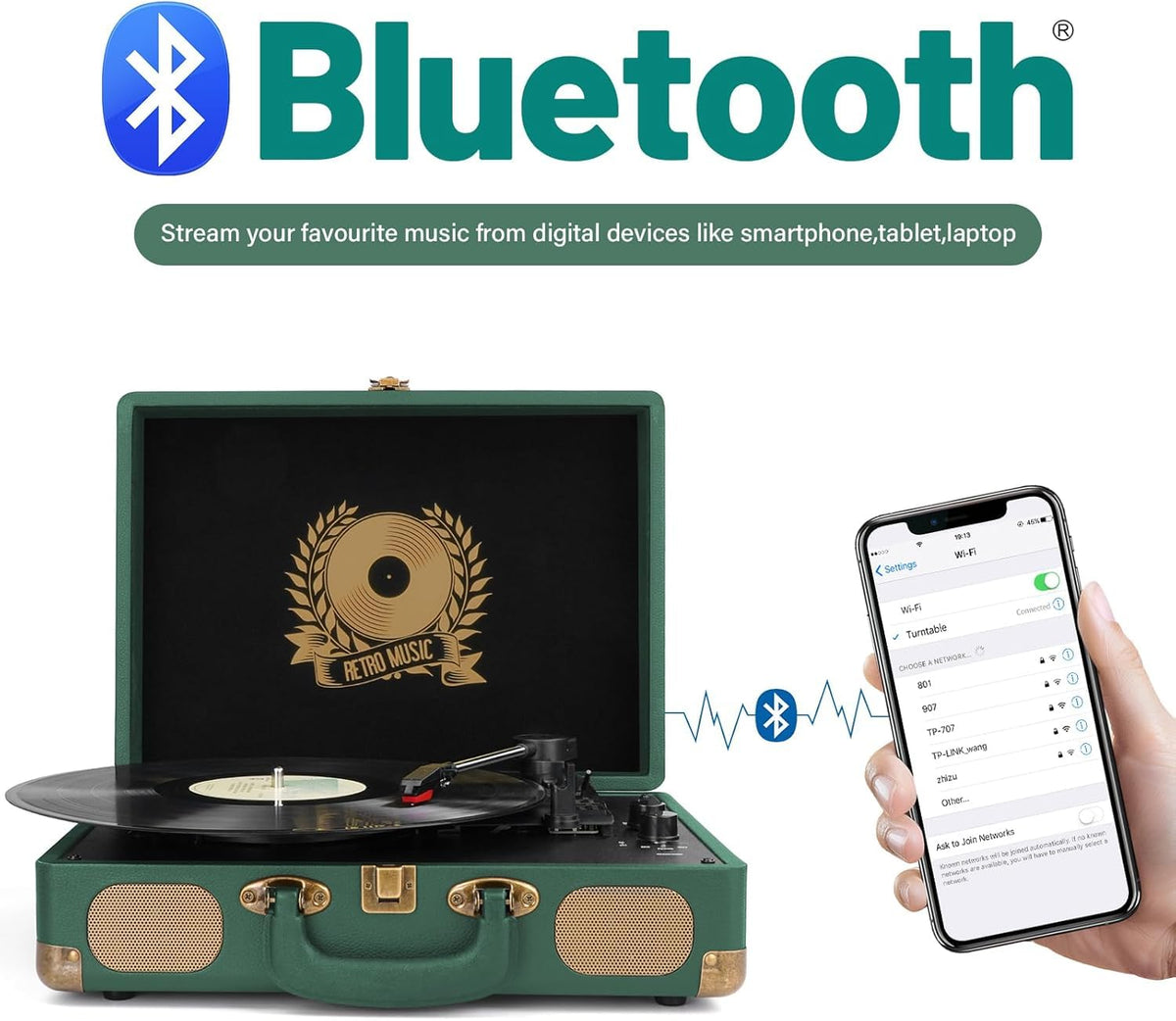Mersoco suitcase design in dark hunter green highlights portability for travel-friendly listening.
