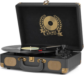 Mersoco front view of suitcase turntable showing vintage styling and portability benefit
