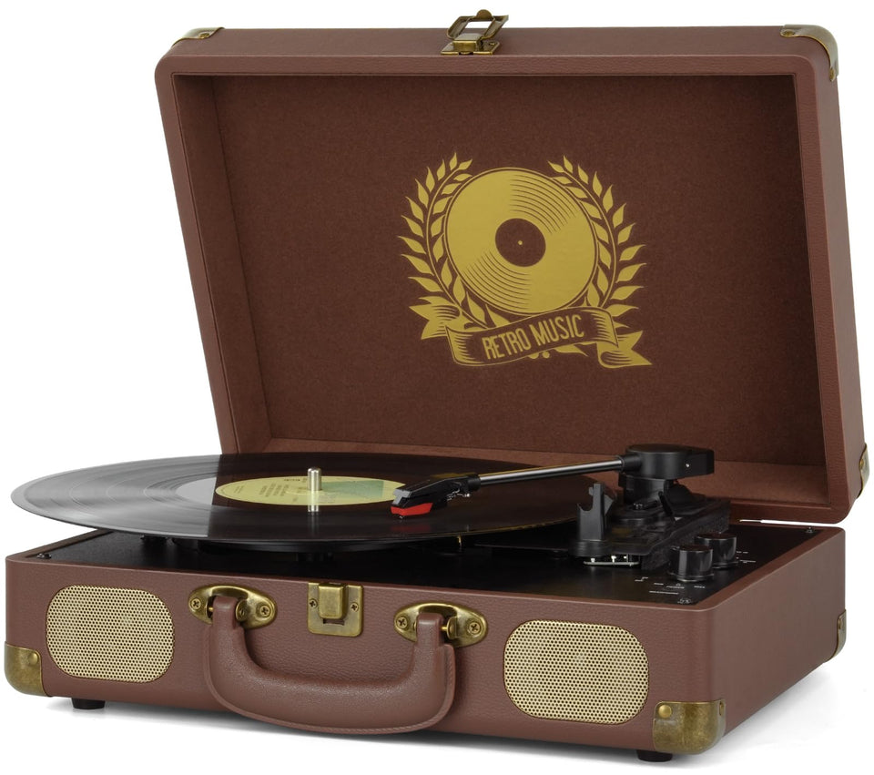 Mersoco turntable front view showing suitcase design and speakers for portable listening