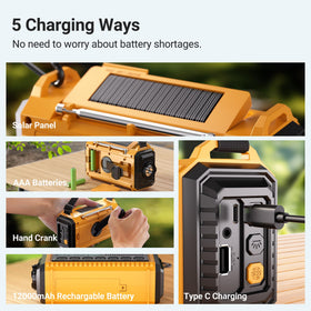Mesqool crank and input ports including Type-C and AAA slots, multiple charging options