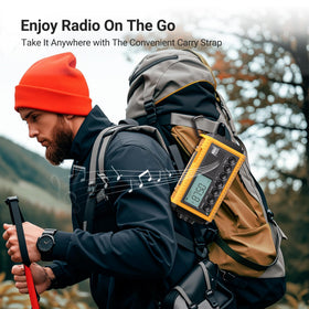 Mesqool placed in a campsite near backpack, weather alerts and phone charging available