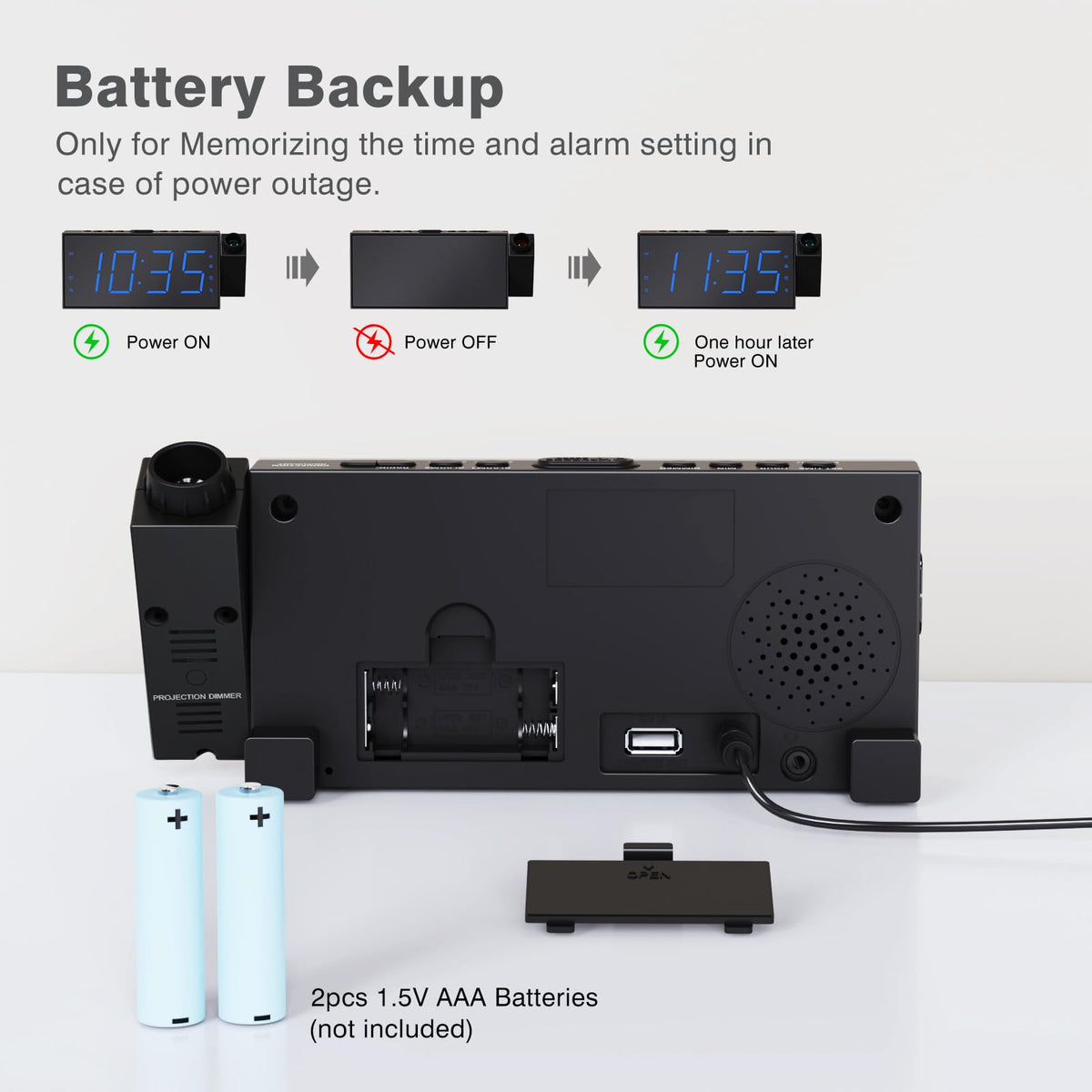 Mesqool bedside clock plugged in with power and ready