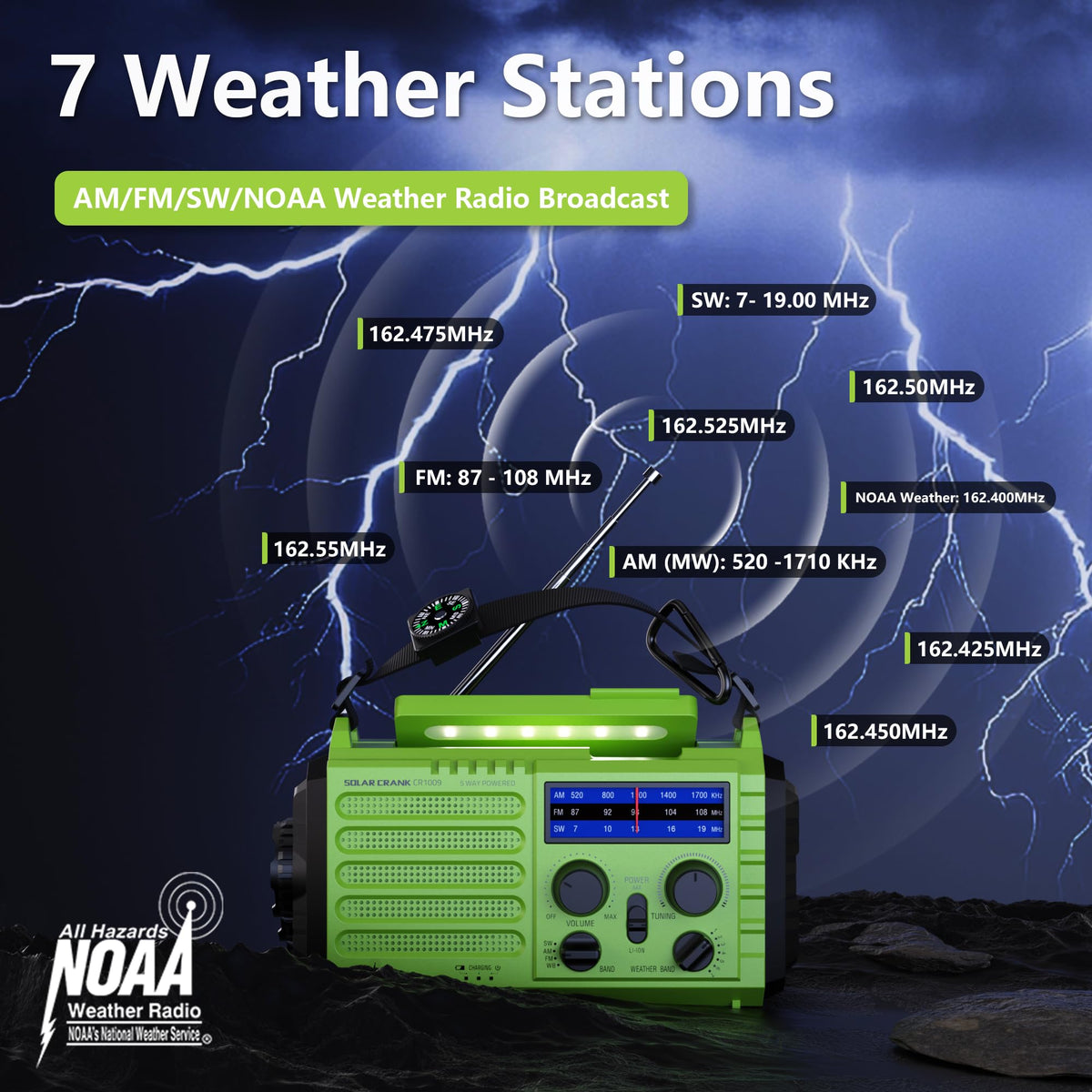 Mesqool analog dial and band controls for quick NOAA tuning
