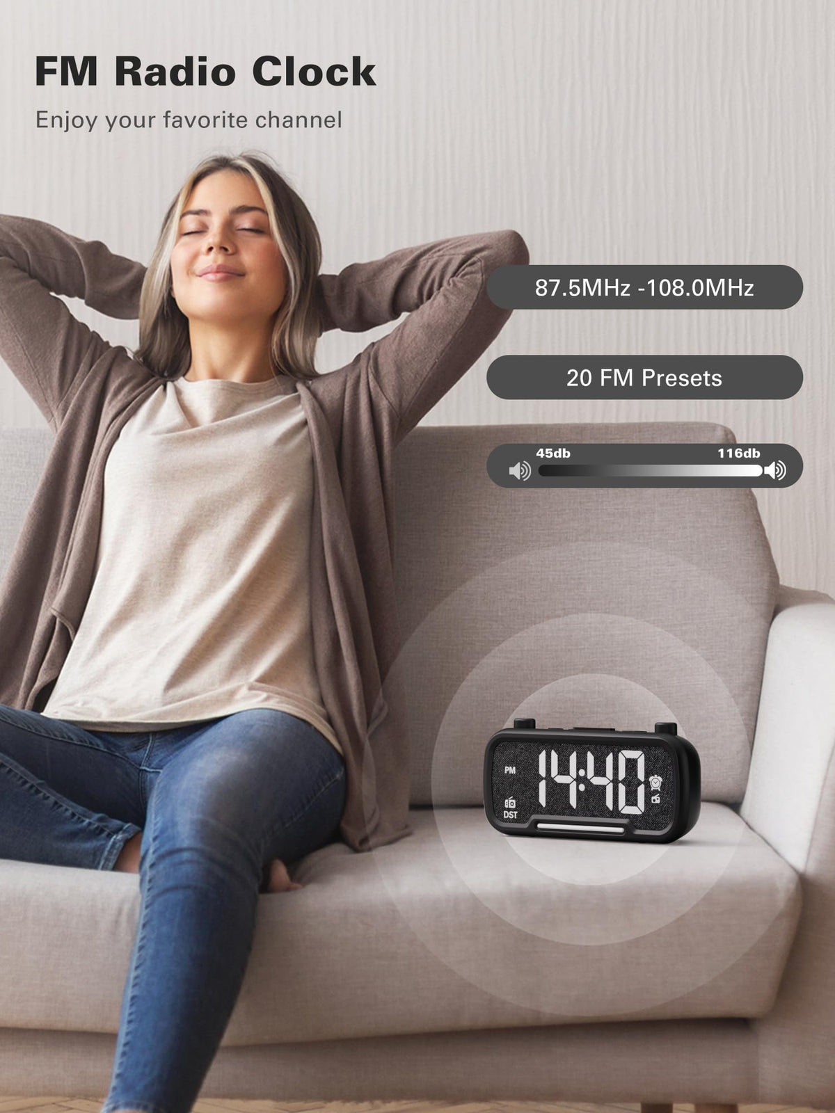 Mesqool clock radio features a night-light dimmer for comfortable nighttime viewing