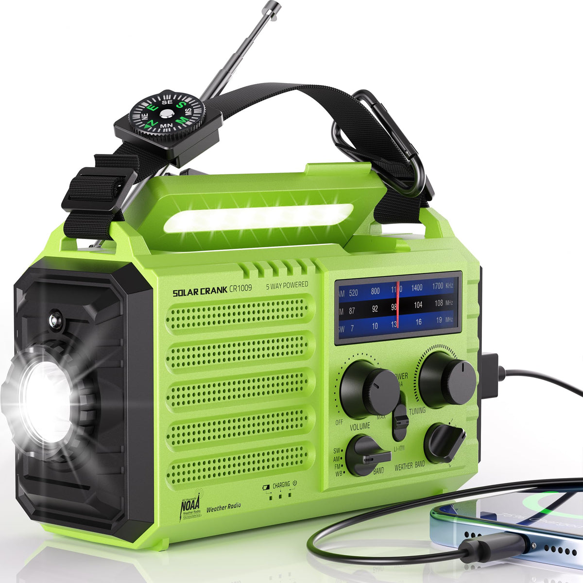 Mesqool front packaging showing NOAA label and weather radio benefits