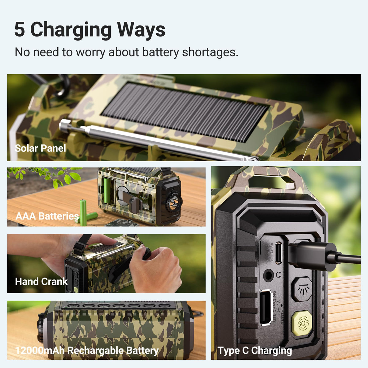 Mesqool hand crank and AAA compartment visible for manual and battery backup charging