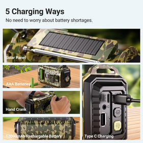 Mesqool hand crank and AAA compartment visible for manual and battery backup charging