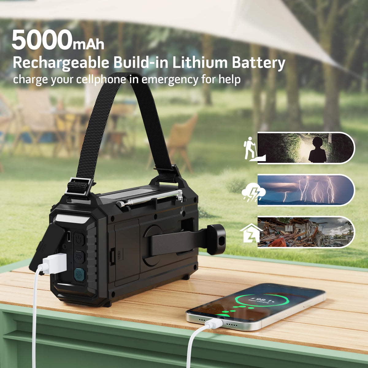Mesqool used at campsite delivering weather alerts and lighting for safety