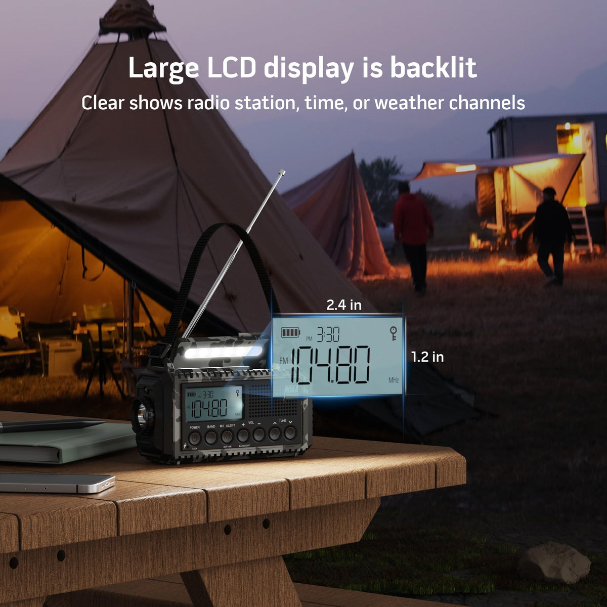 Mesqool being used at a campsite, brand powering devices and delivering weather updates