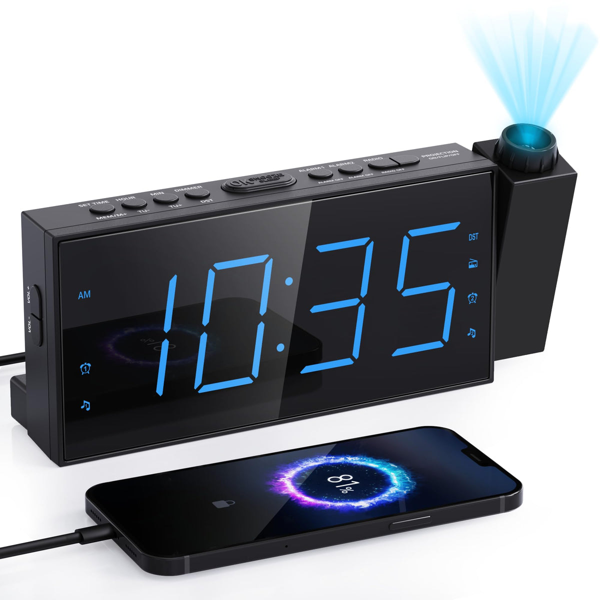 Mesqool projection alarm clock shows time on the ceiling for easy viewing