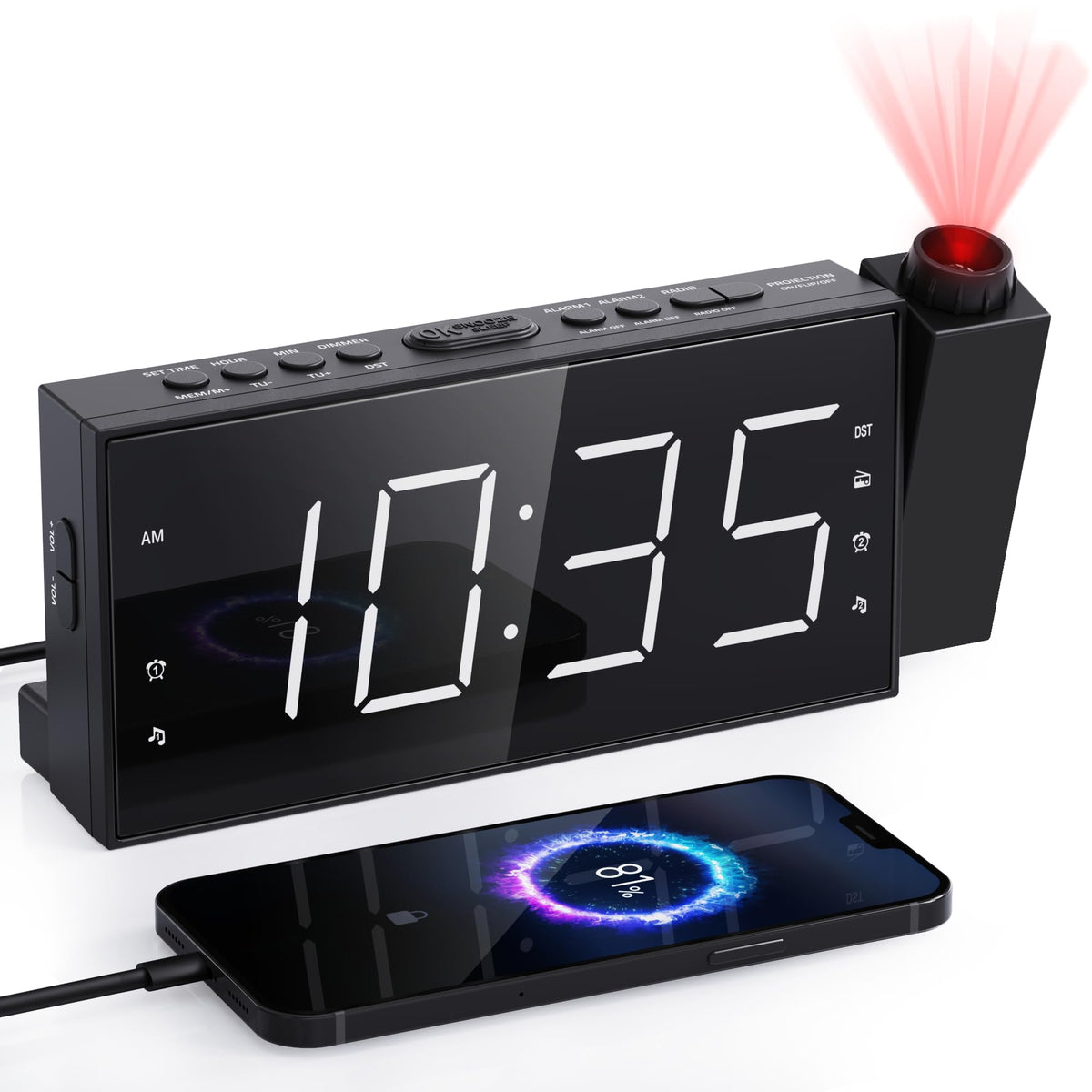 Mesqool projection alarm clock with FM radio and clear display for easy wake-ups.