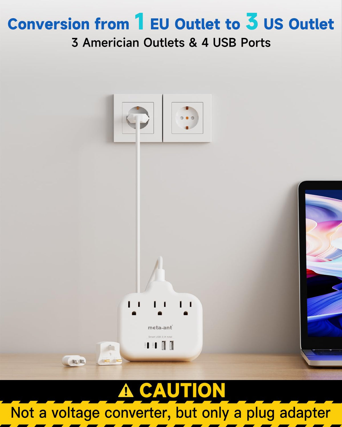 meta-ant top view of three AC outlets, lets you plug multiple chargers simultaneously