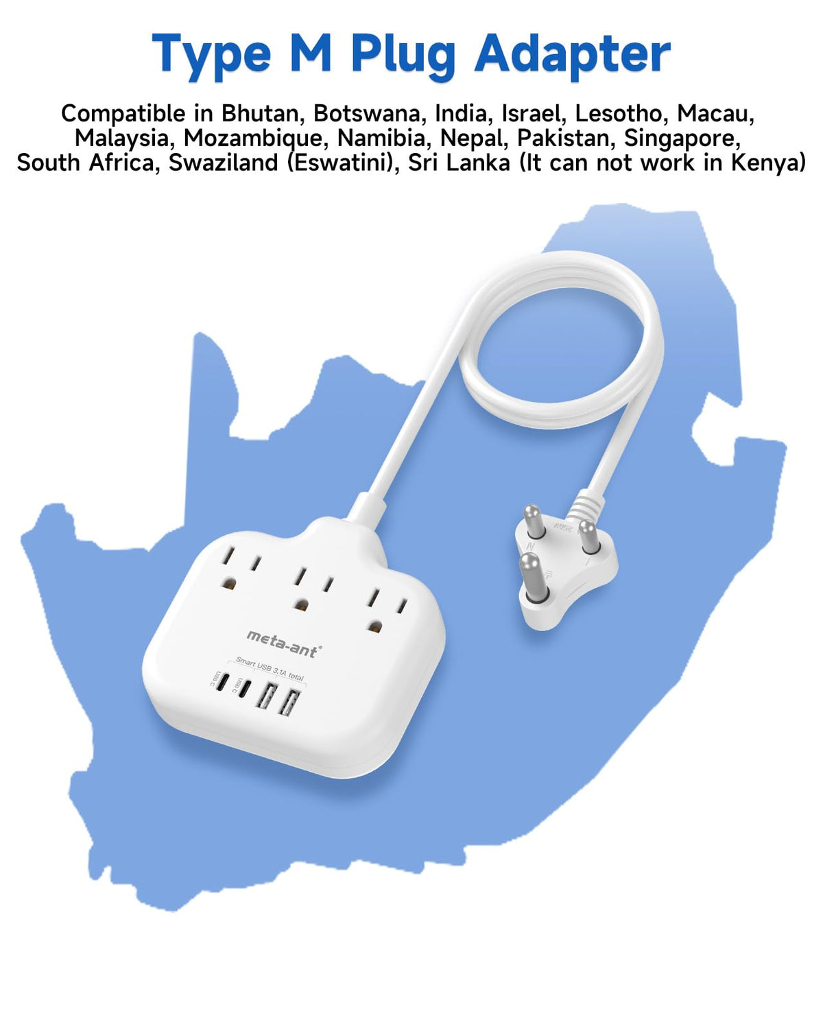 Meta-Ant Africa travel extension cord 3ft enables flexible placement.