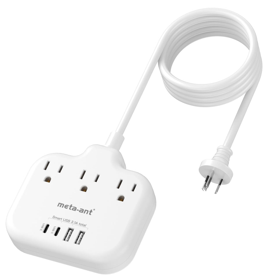 meta-ant australia power adapter with 3 outlets and 4 USB ports for versatile travel charging.