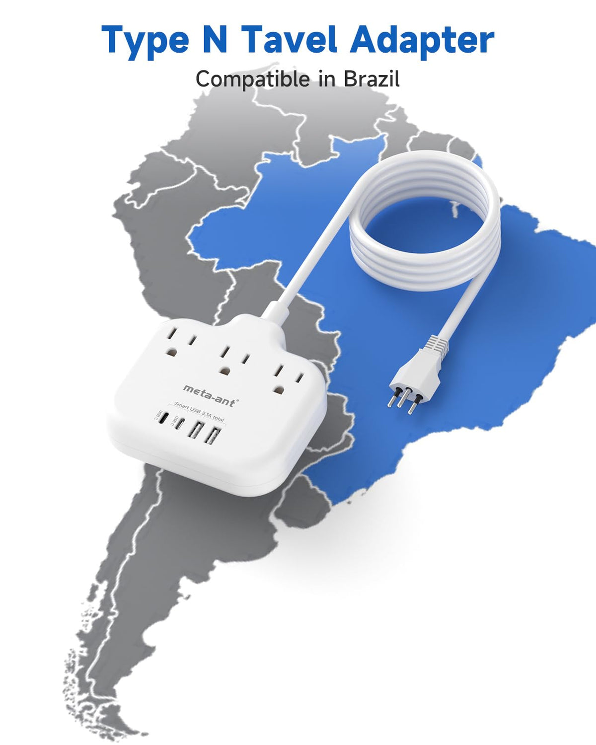 Meta-ant Type N travel plug converts Brazil outlets into three US outlets.