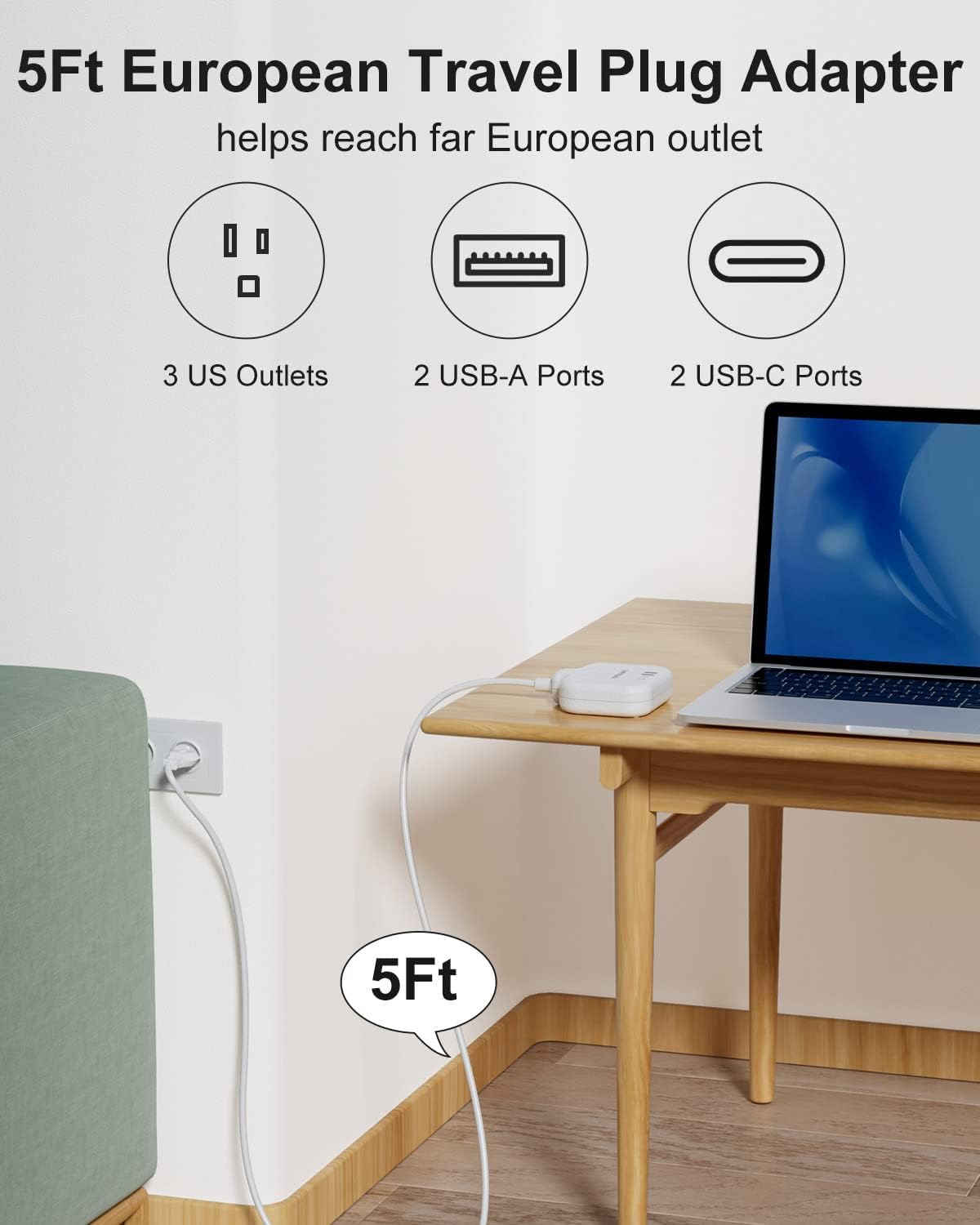 meta-ant European travel plug adapter with a 5ft cord for easy placement.