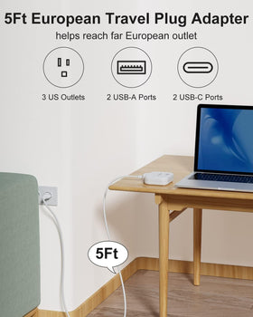 meta-ant European travel plug adapter with a 5ft cord for easy placement.