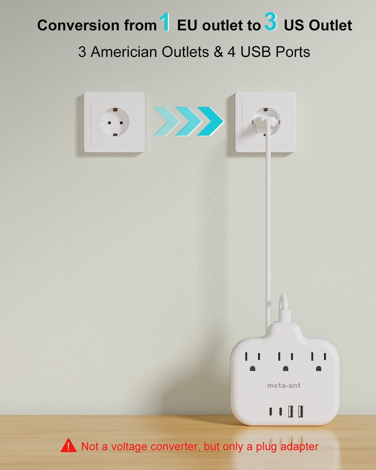 meta-ant European travel plug adapter cruise-friendly design, no surge protector required.