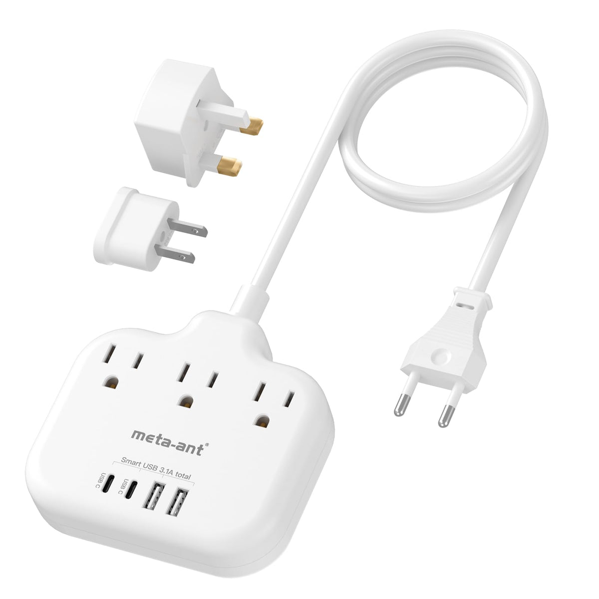 Meta-Ant European Travel Plug Adapter front view showing ports for easy on-the-go charging
