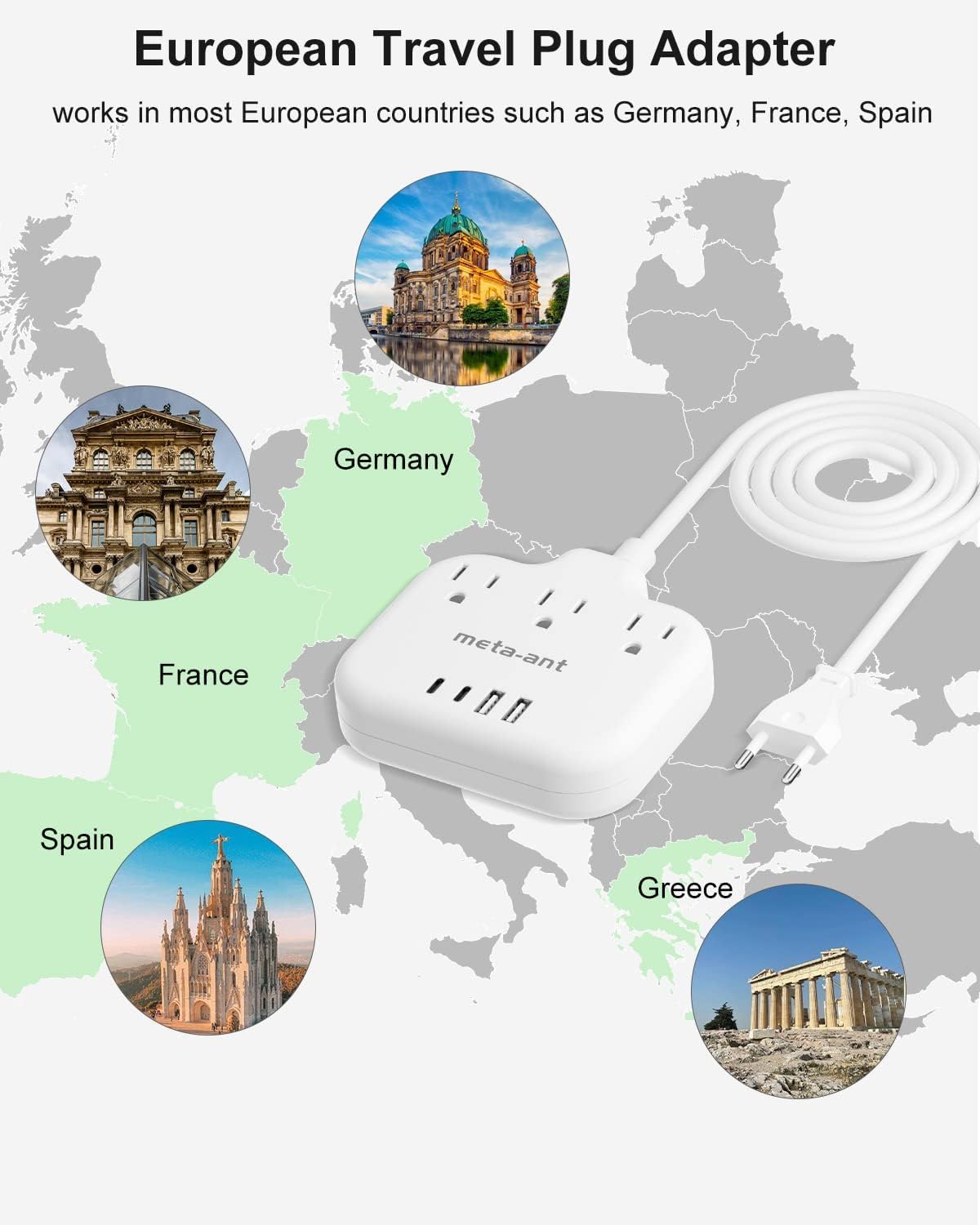 meta-ant European travel plug adapter with three US outlets for simultaneous charging.