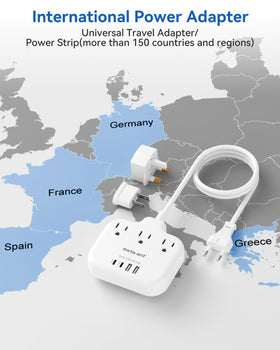 Meta-Ant adapter showcasing US outlets and USB ports for versatile Europe charging