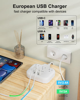 meta-ant European travel plug adapter with USB-A and USB-C ports for flexible charging.