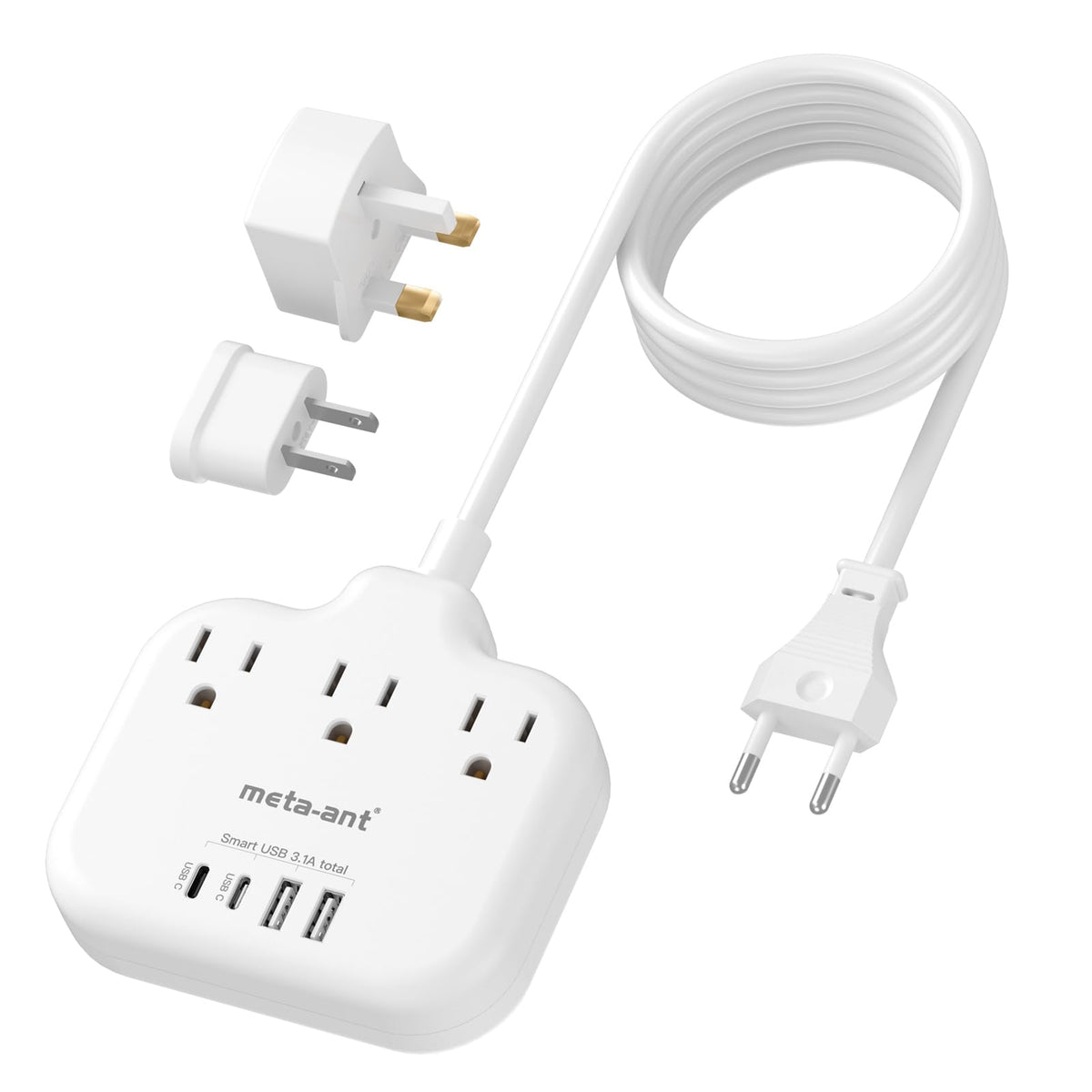 meta-ant front view showing plugs and outlets, easy multi-device power