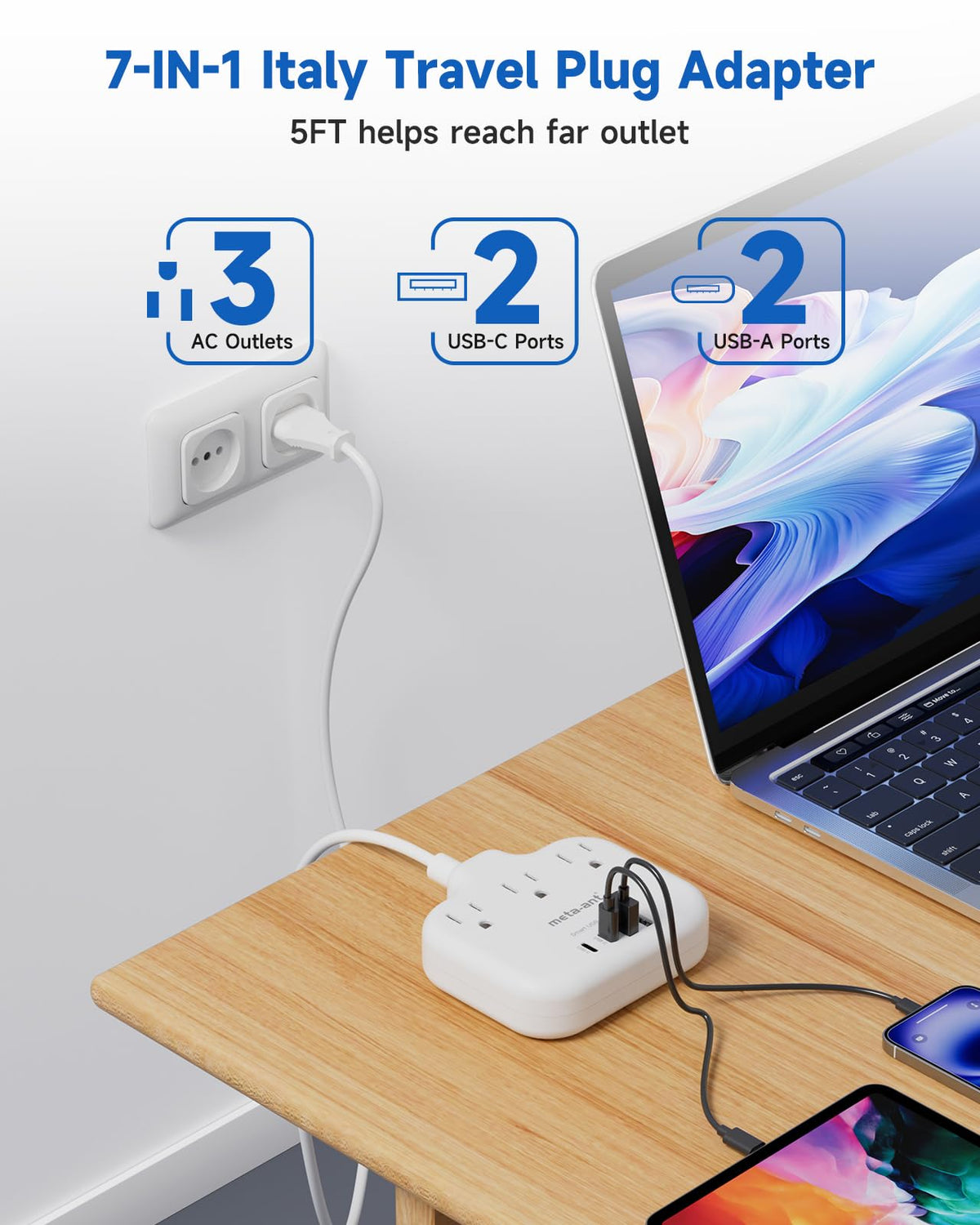 Meta-ant Italy travel plug adapter extension cord in use on desk setup.