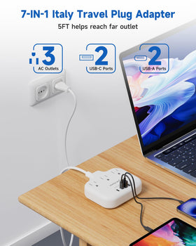 Meta-ant Italy travel plug adapter extension cord in use on desk setup.