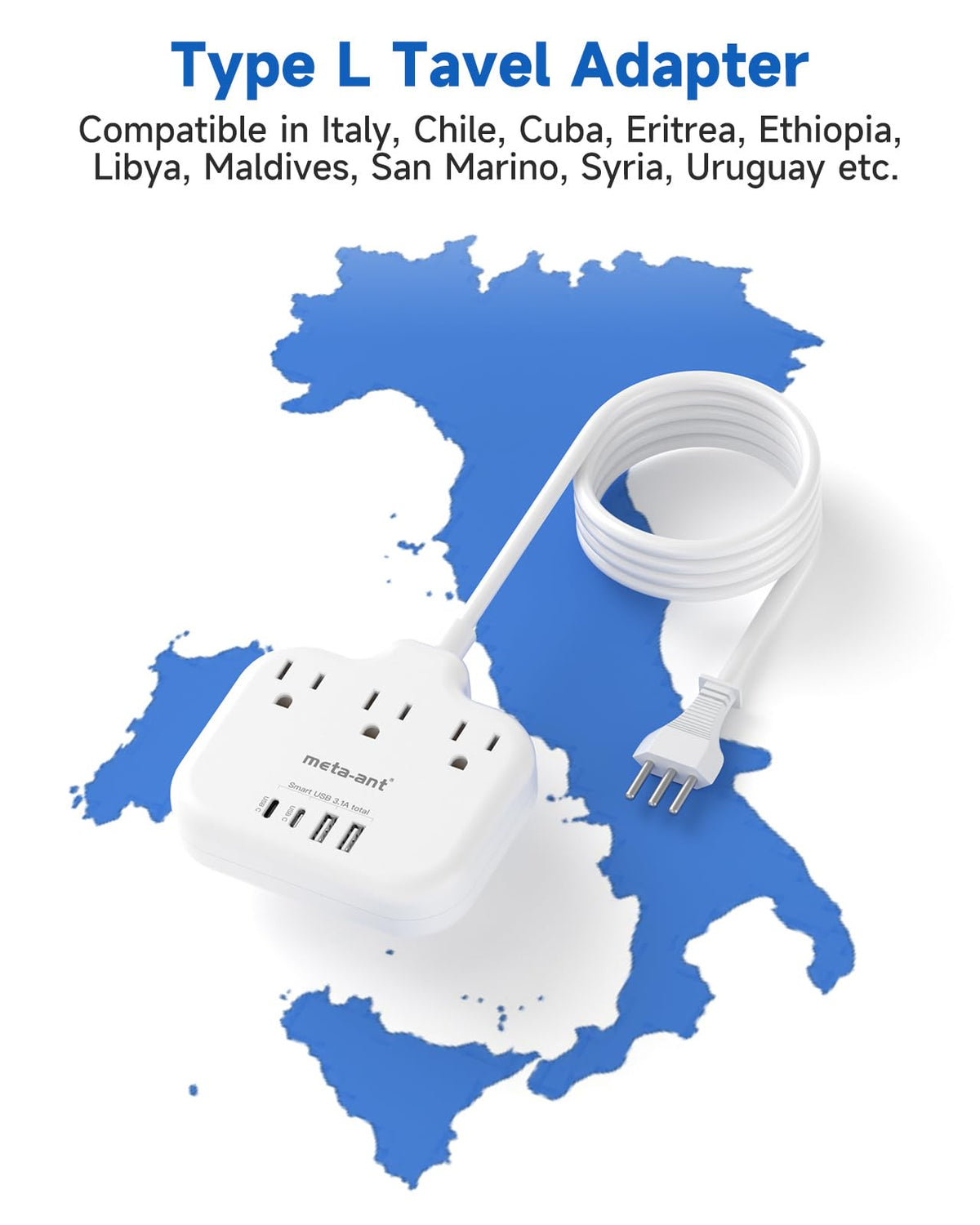 Meta-ant Italy travel plug adapter extension cord visible for centralized charging.